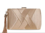 Satin Evening Clutch with Tassel Accent, Available in Gold, Green, Black, and Silver — Main Image