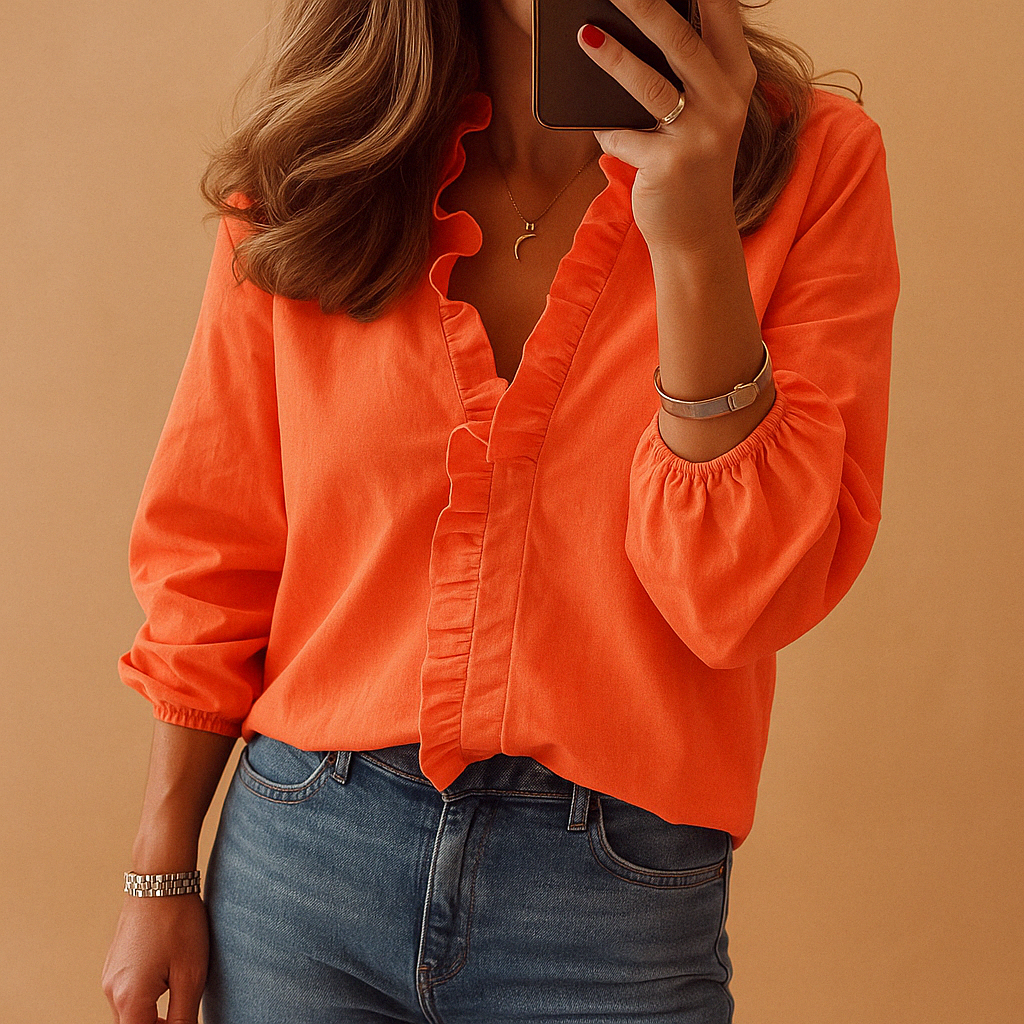 Women's Ruffle V-Neck Blouse Cotton Long Sleeve Top Various Colors — Main Image