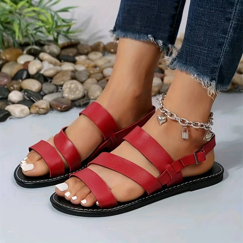 Women's Strappy Sandals Comfortable Leather Flats Black Red Cream Brown — Image 2
