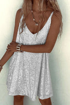Sequin V-Neck Mini Dress. Assorted colors, polyester material. Sleeveless party dress. — Image 2