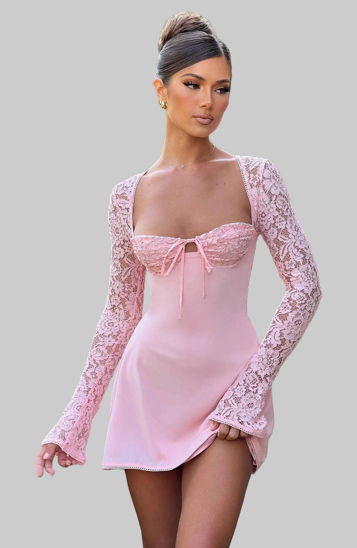 Lace Sleeve Corset Mini Dress - Party Cocktail Bodycon - Various Colors — Image 3