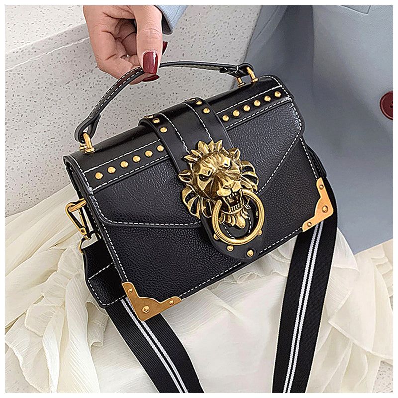 Lion Emblem Flap Satchel Bag - Faux Leather Shoulder Handbag Black/Red/Pink — Image 4