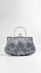 Embroidered Evening Bag with Metal Handle, Beaded Fabric Clutch for Formal Occasions — Image 5