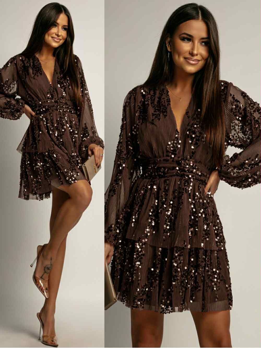 Sequin Tiered Mini Dress, Brown Long Sleeve V-Neck Polyester — Image 10