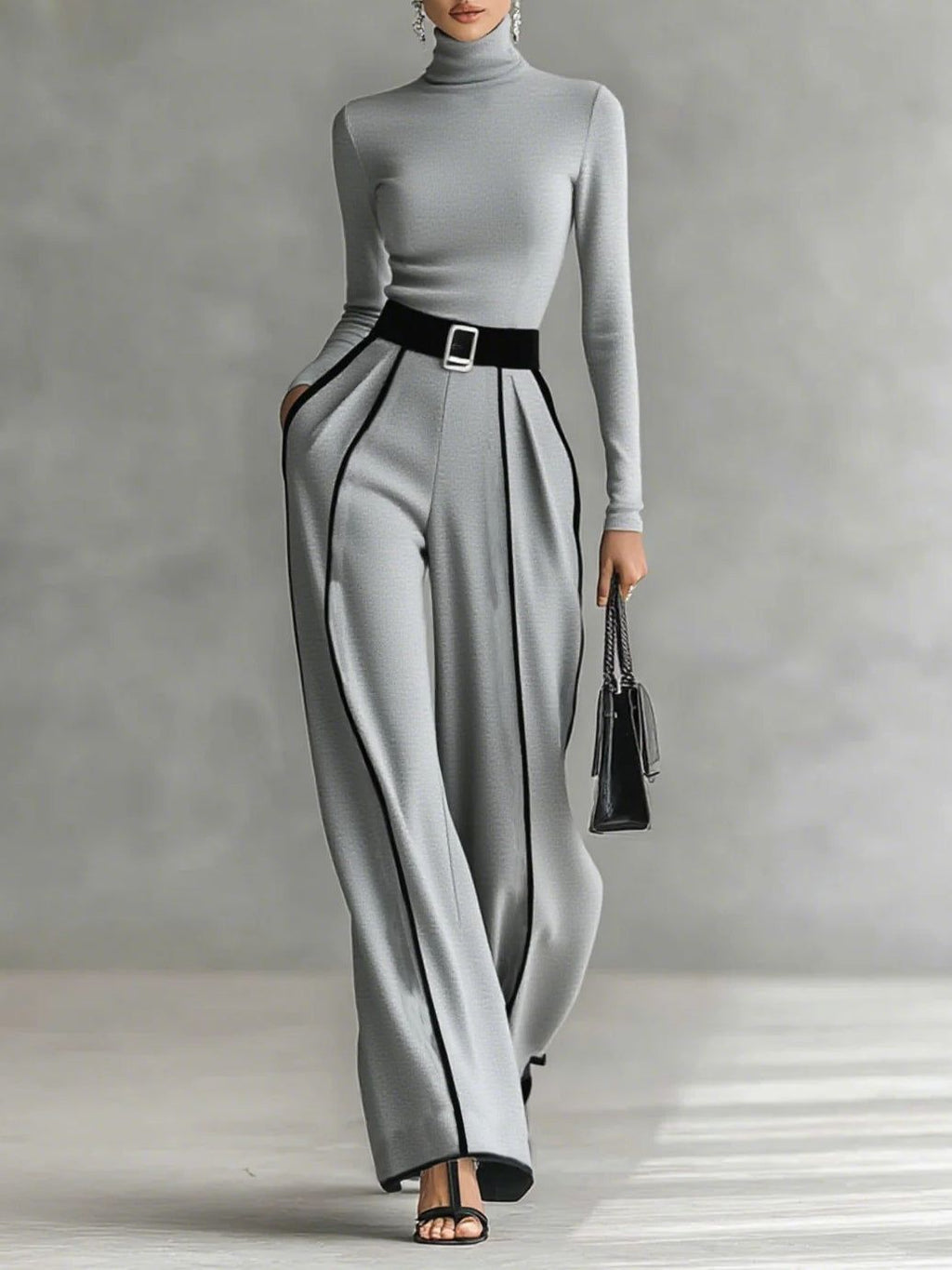 Women's Elegant Pants Set: Turtleneck Long Sleeve Top & Wide Leg Pants with Belt, Black/Gray — Image 5
