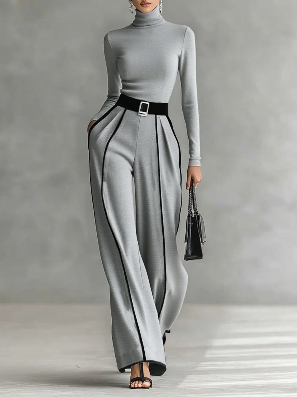 Women's Elegant Pants Set: Turtleneck Long Sleeve Top & Wide Leg Pants with Belt, Black/Gray — Image 5