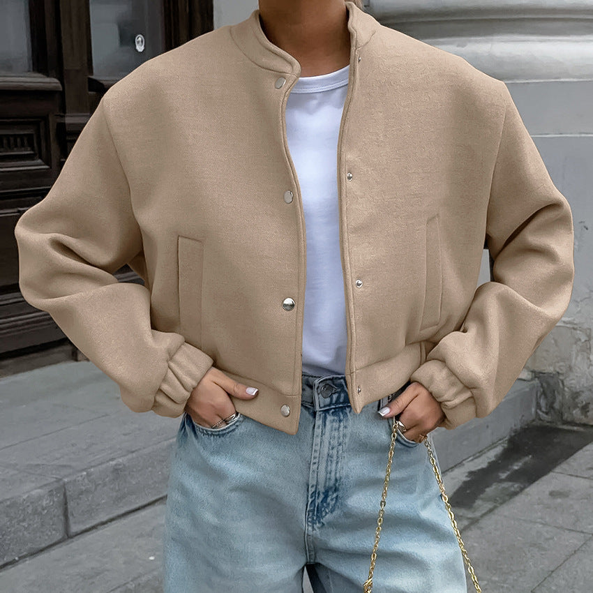 Brand Women's Bomber Jacket Wool Blend Stand Collar Beige Snap Button Casual Outerwear — Main Image