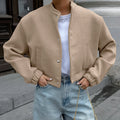 Brand Women's Bomber Jacket Wool Blend Stand Collar Beige Snap Button Casual Outerwear — Main Image