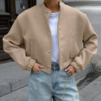 Brand Women's Bomber Jacket Wool Blend Stand Collar Beige Snap Button Casual Outerwear — Main Image
