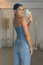 Denim Corset and Jeans Set, Light Blue with Rhinestone Embellishments — Image 3
