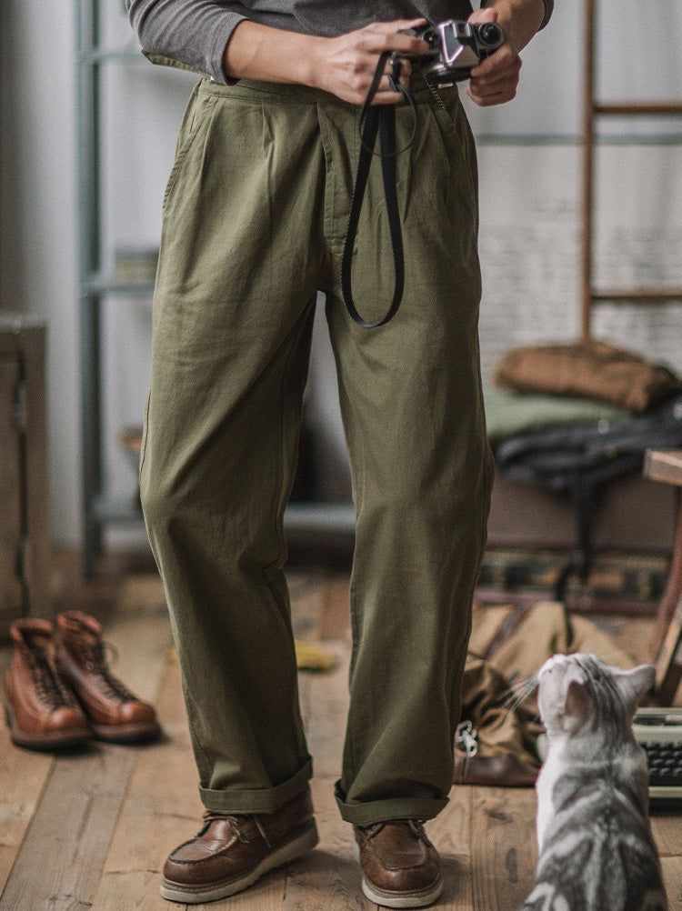 Vintage Style Men's Work Pants Cotton Canvas Khaki High Waist Pleated — Image 7