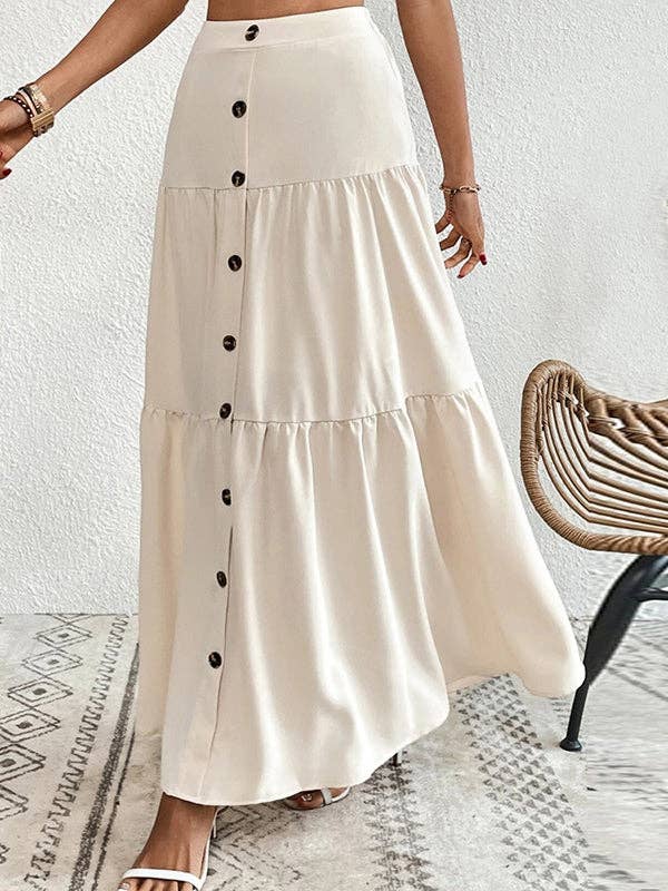 Chic Beige Maxi Skirt Button-Front Flowy Tiered Design Women's Summer Fashion — Image 3
