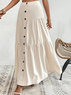 Chic Beige Maxi Skirt Button-Front Flowy Tiered Design Women's Summer Fashion — Image 3