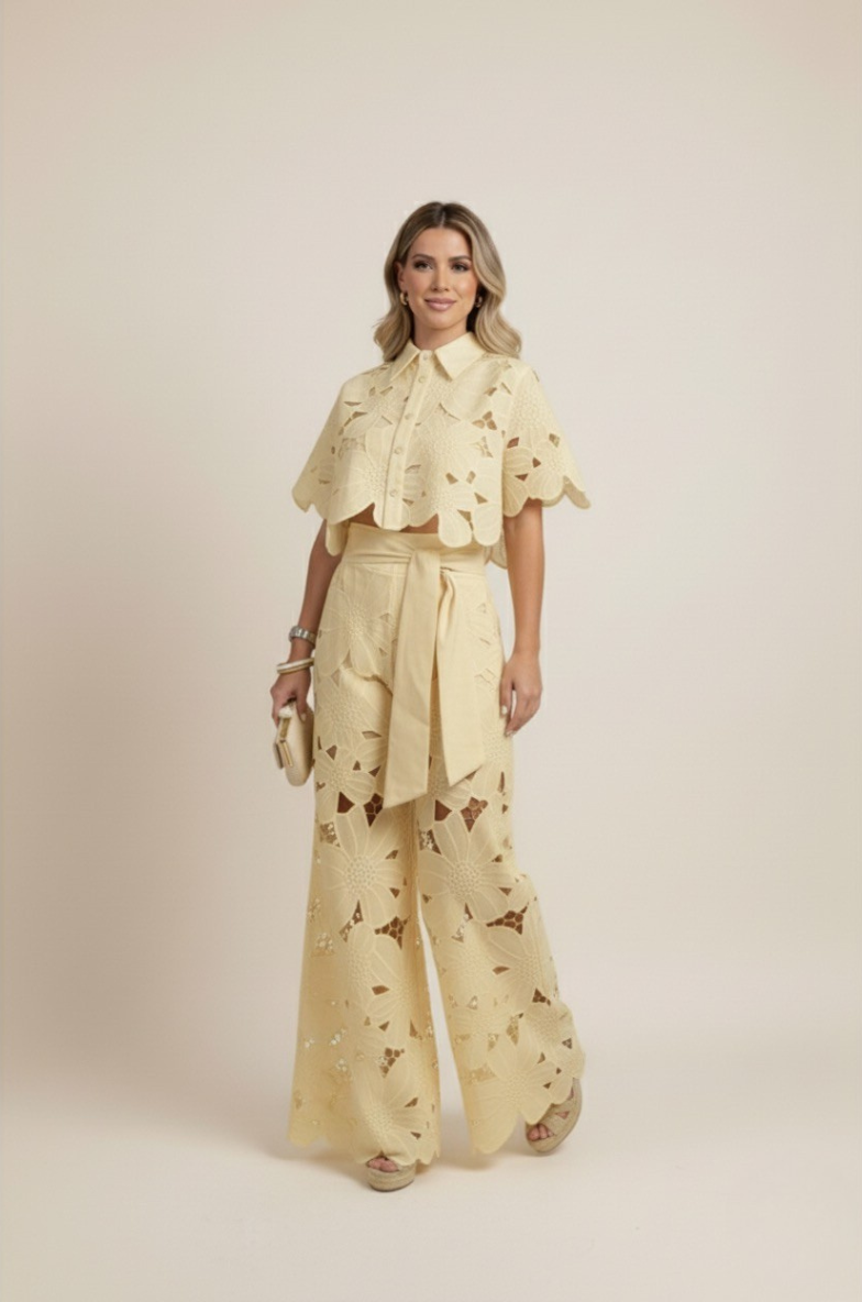Floral Lace Two-Piece Set: Cropped Shirt & Wide Leg Pants - White Polyester Lace - Women's Fashion — Image 11