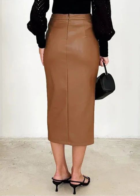 Draped Faux Leather Midi Skirt with Slit, Black, Beige, Brown. Elegant Women's Pencil Skirt. — Image 15