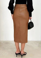 Draped Faux Leather Midi Skirt with Slit, Black, Beige, Brown. Elegant Women's Pencil Skirt. — Image 15