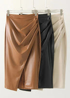 Draped Faux Leather Midi Skirt with Slit, Black, Beige, Brown. Elegant Women's Pencil Skirt. — Image 20