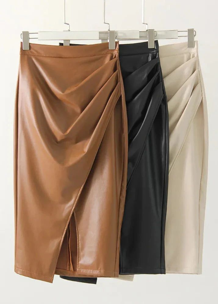 Draped Faux Leather Midi Skirt with Slit, Black, Beige, Brown. Elegant Women's Pencil Skirt. — Image 20