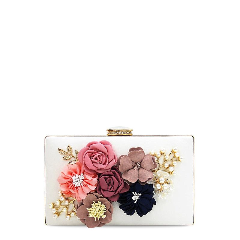 White Floral Clutch Bag with Fabric Flowers, Pearl Embellishments, and Chain Strap — Image 2