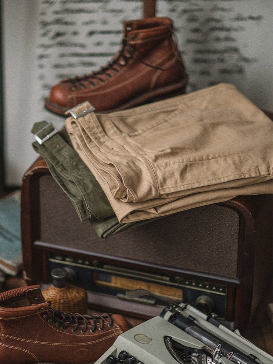 Vintage Style Men's Work Pants Cotton Canvas Khaki High Waist Pleated — Image 10
