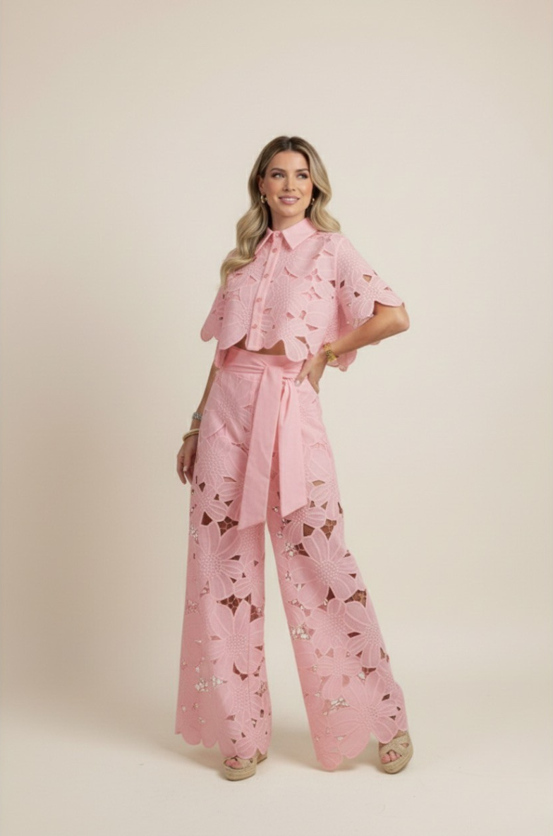 Floral Lace Two-Piece Set: Cropped Shirt & Wide Leg Pants - White Polyester Lace - Women's Fashion — Image 6