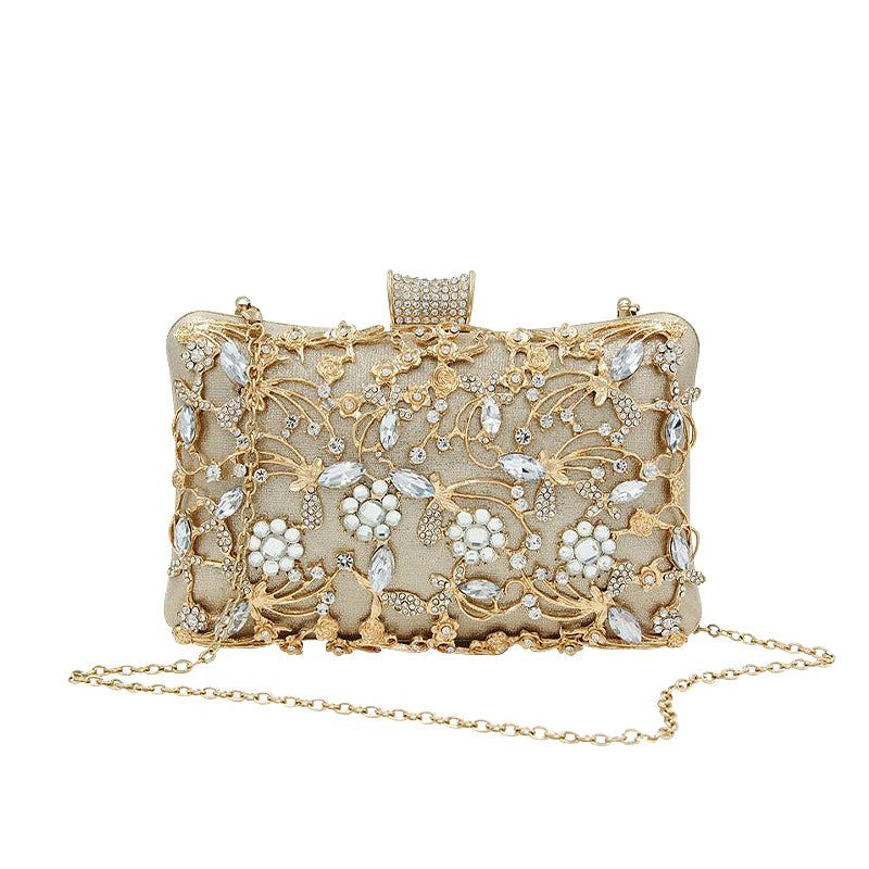 Floral Evening Clutch Bag Gold Rhinestone Beaded Party Purse Bridal Handbag — Image 2