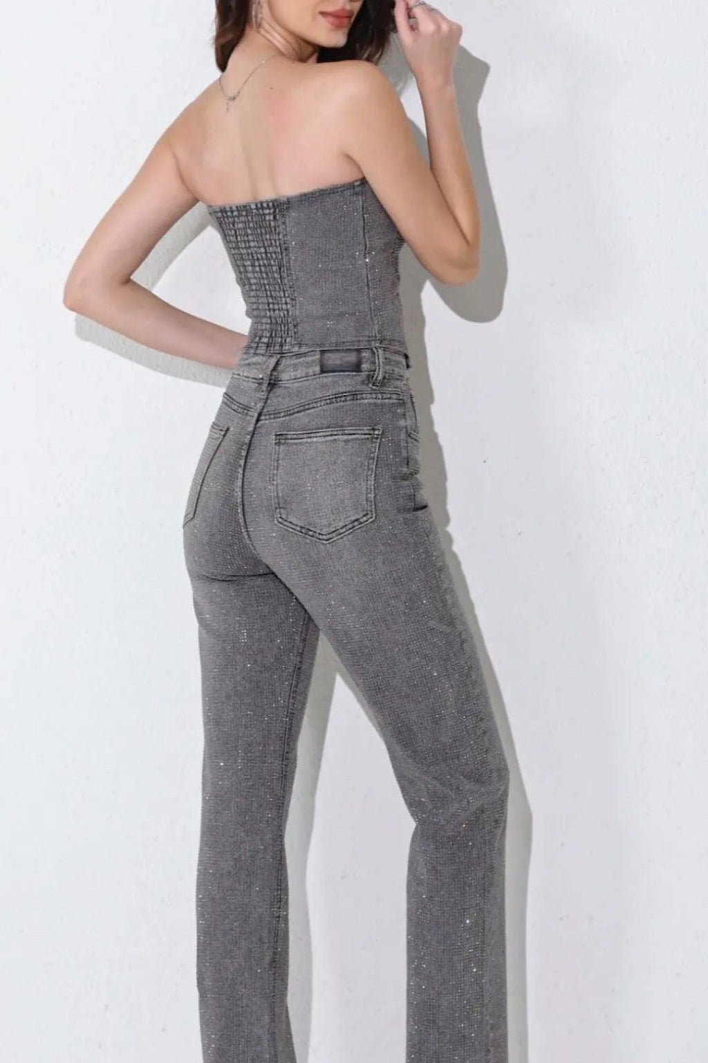 Rhinestone Denim Corset & Pants Set Gray Denim — Image 2