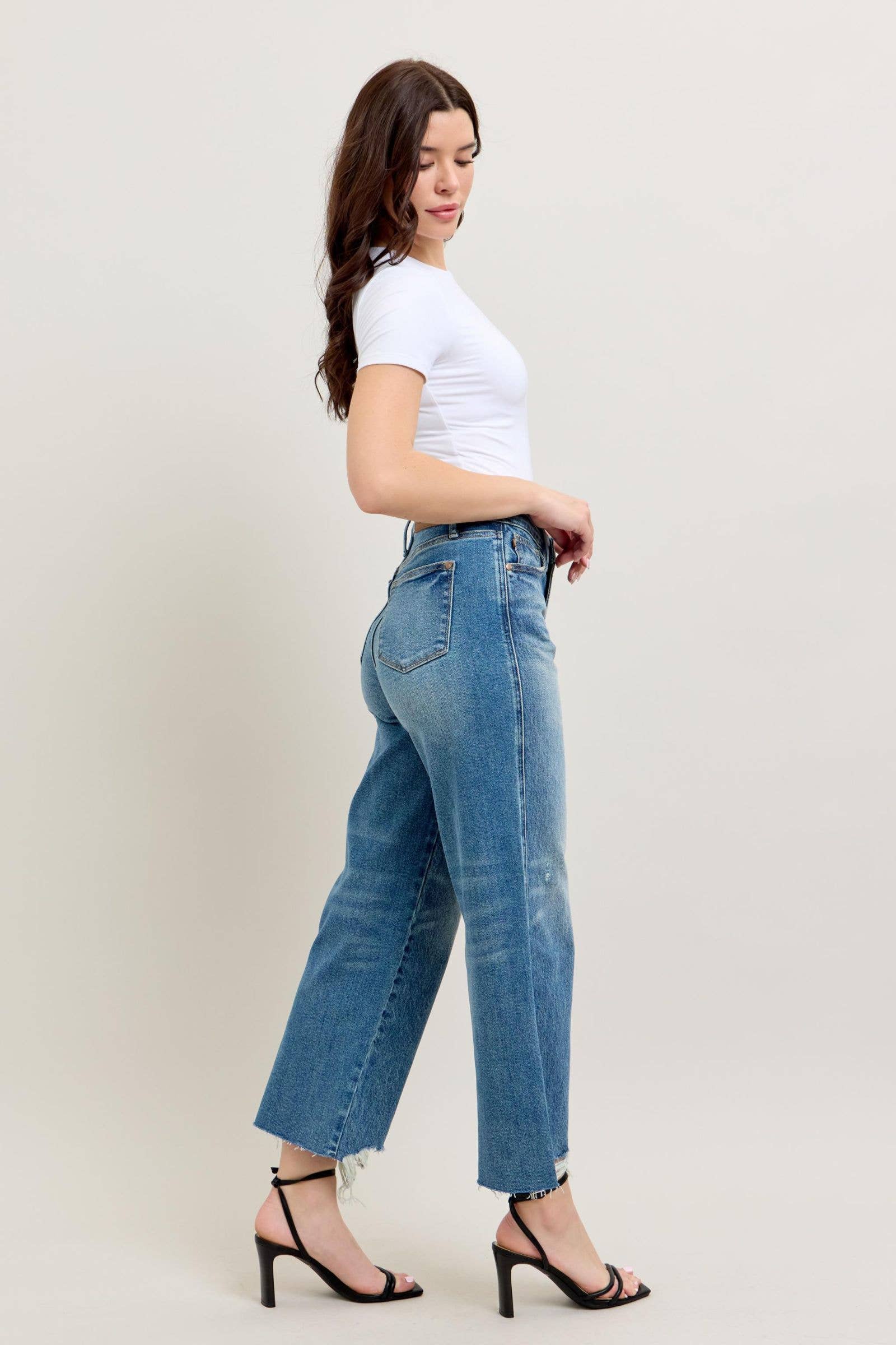 Judy Blue Women's Wide-Leg Distressed High-Waisted Jeans Blue Denim Frayed Hem — Image 8