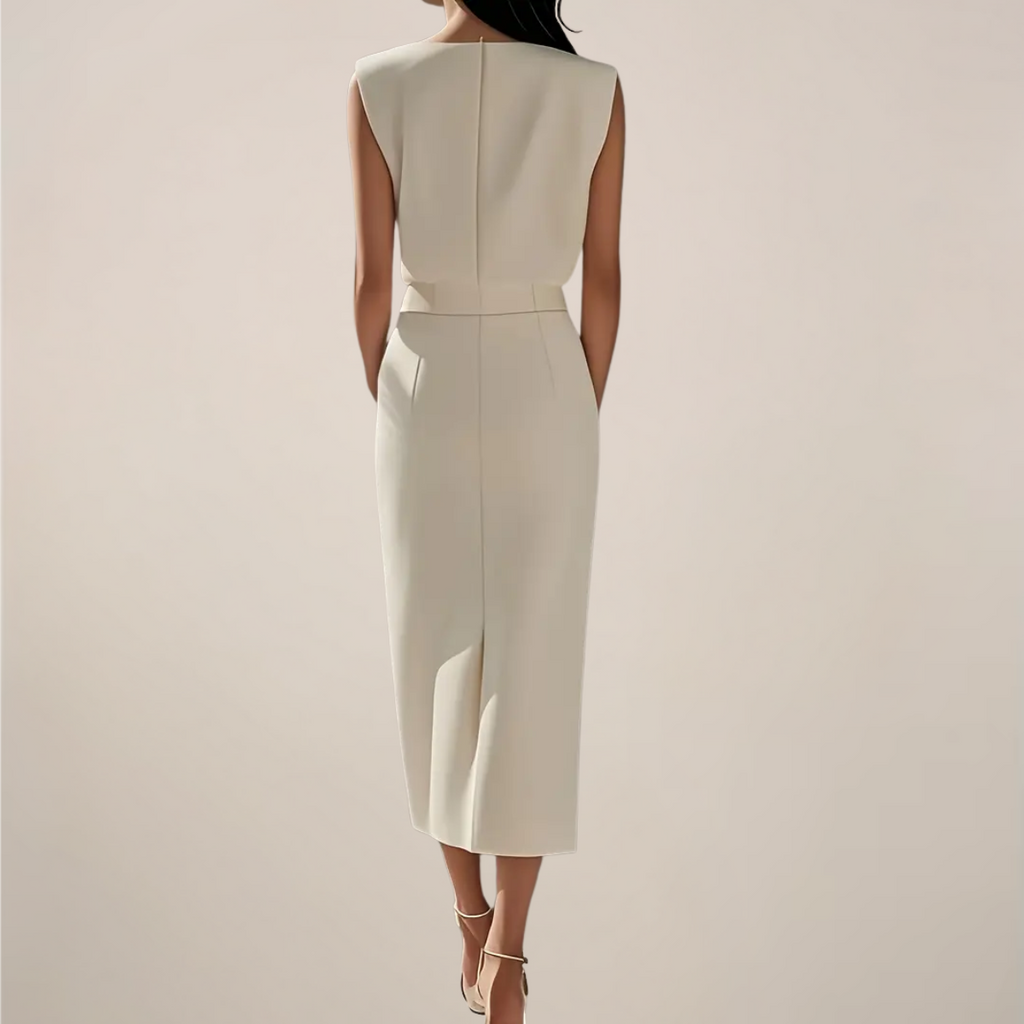 Button Slit Midi Dress with Shoulder Pads: Elegant Dress for Women - Various Colors — Image 2