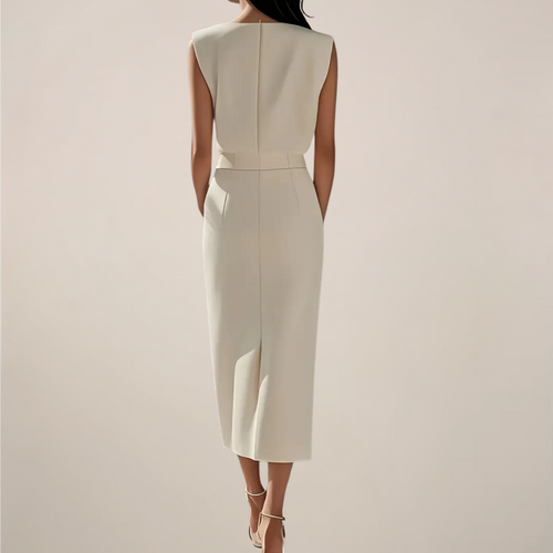 Button Slit Midi Dress with Shoulder Pads: Elegant Dress for Women - Various Colors — Image 2