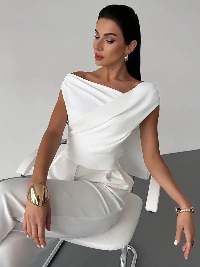 Elegant Off-Shoulder Wrap Top - White Polyester Blouse — Image 4
