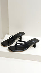 Square Toe Thong Heel Sandals Leather Kitten Heel Mules for Women [Color] — Image 3