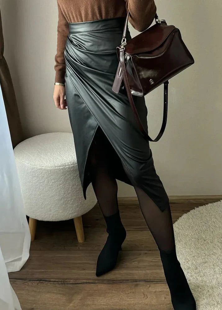 Draped Faux Leather Midi Skirt with Slit, Black, Beige, Brown. Elegant Women's Pencil Skirt. — Image 3