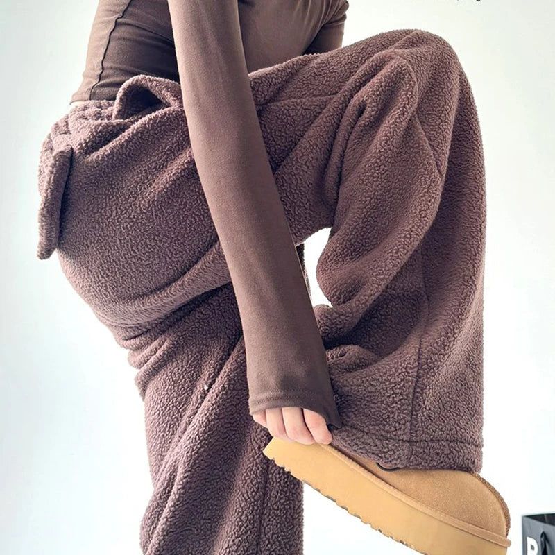 Women's Wide Leg Sherpa Fleece Lounge Pants with Drawstring - Black, Brown, Green Polyester — Image 8