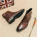 Men's Crocodile Pattern Leather Ankle Boots Brown Buckle Strap — Image 3