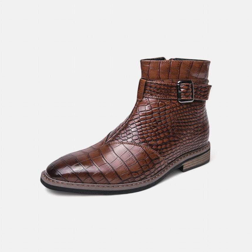Men's Crocodile Pattern Leather Ankle Boots Brown Buckle Strap — Image 2