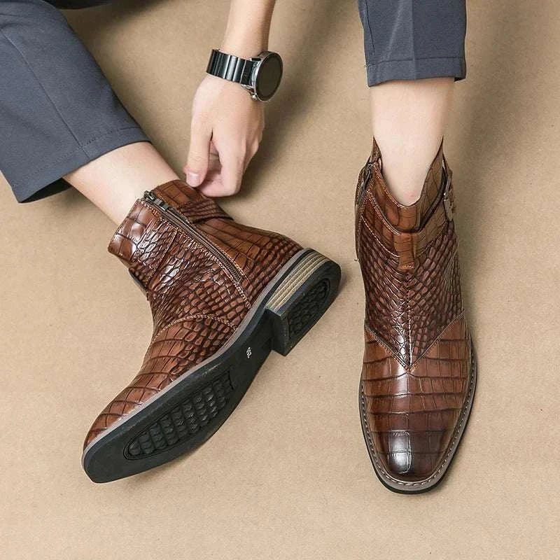 Men's Crocodile Pattern Leather Ankle Boots Brown Buckle Strap — Image 13