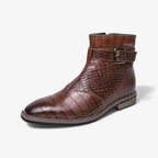 Men's Crocodile Pattern Leather Ankle Boots Brown Buckle Strap — Main Image