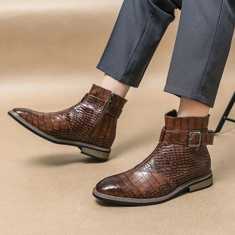 Men's Crocodile Pattern Leather Ankle Boots Brown Buckle Strap — Image 7
