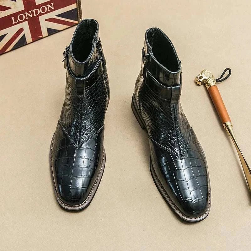 Men's Crocodile Pattern Leather Ankle Boots Brown Buckle Strap — Image 6