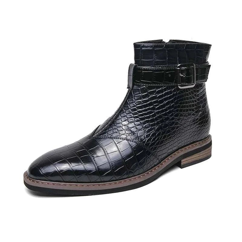 Men's Crocodile Pattern Leather Ankle Boots Brown Buckle Strap — Image 8