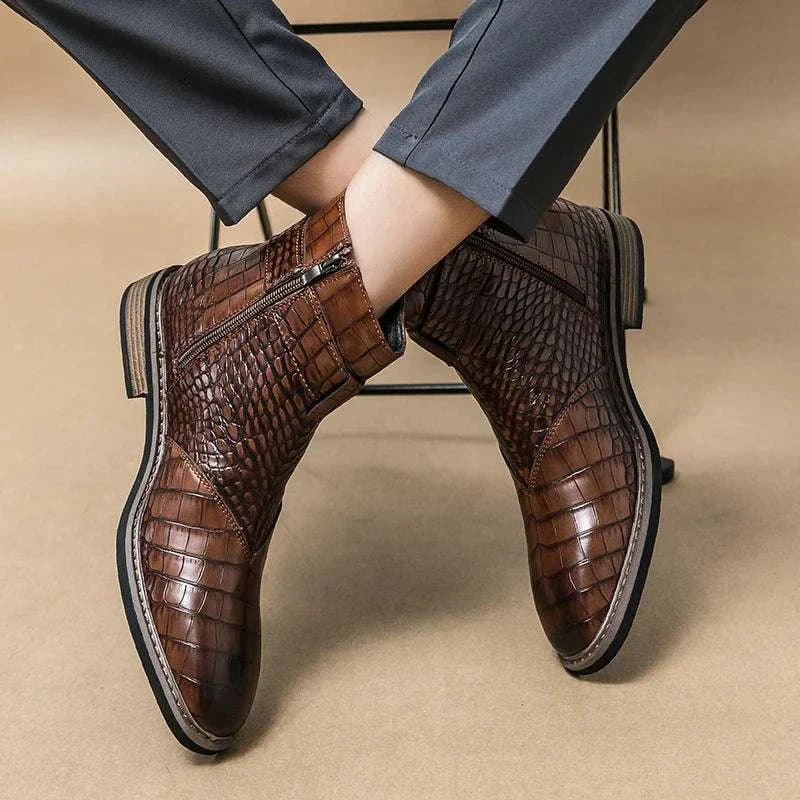 Men's Crocodile Pattern Leather Ankle Boots Brown Buckle Strap — Image 11