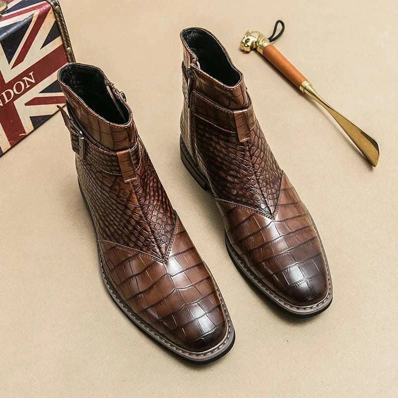 Men's Crocodile Pattern Leather Ankle Boots Brown Buckle Strap — Image 4