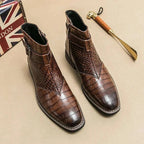 Men's Crocodile Pattern Leather Ankle Boots Brown Buckle Strap — Image 4