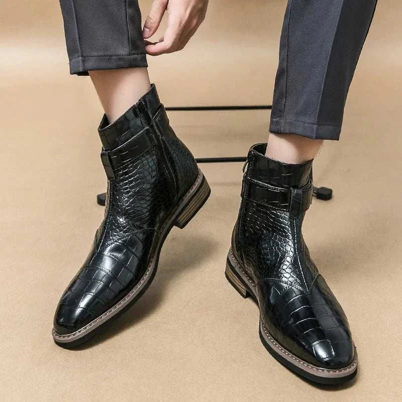 Men's Crocodile Pattern Leather Ankle Boots Brown Buckle Strap — Image 14