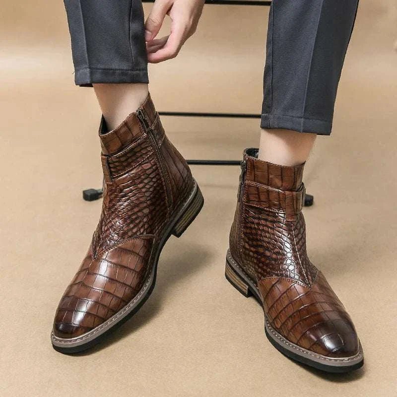 Men's Crocodile Pattern Leather Ankle Boots Brown Buckle Strap — Image 10