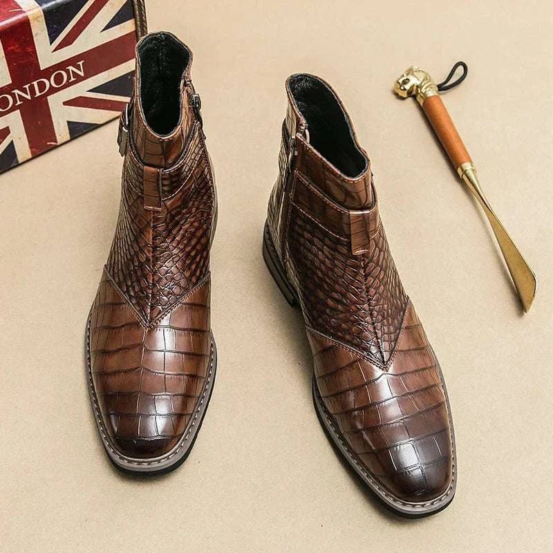 Men's Crocodile Pattern Leather Ankle Boots Brown Buckle Strap — Image 5