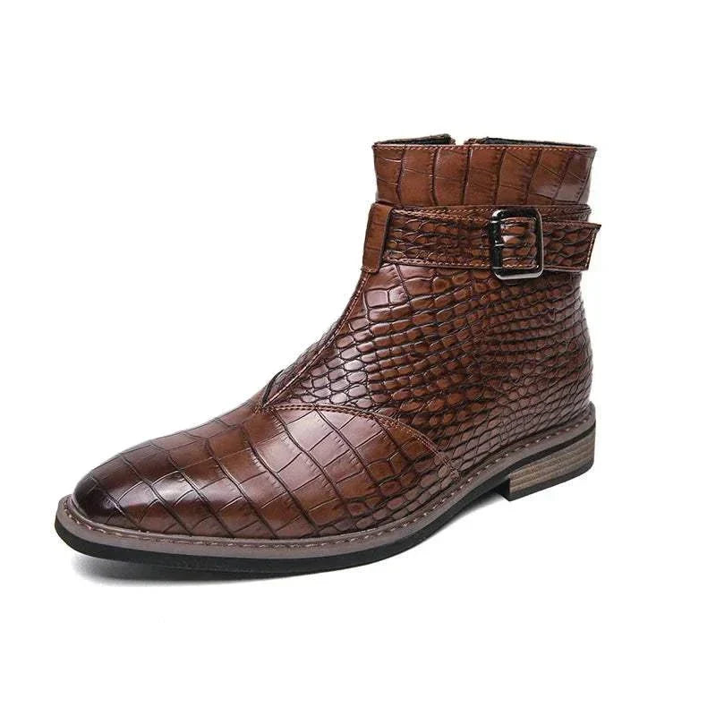 Men's Crocodile Pattern Leather Ankle Boots Brown Buckle Strap — Image 9