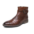 Men's Crocodile Pattern Leather Ankle Boots Brown Buckle Strap — Image 9