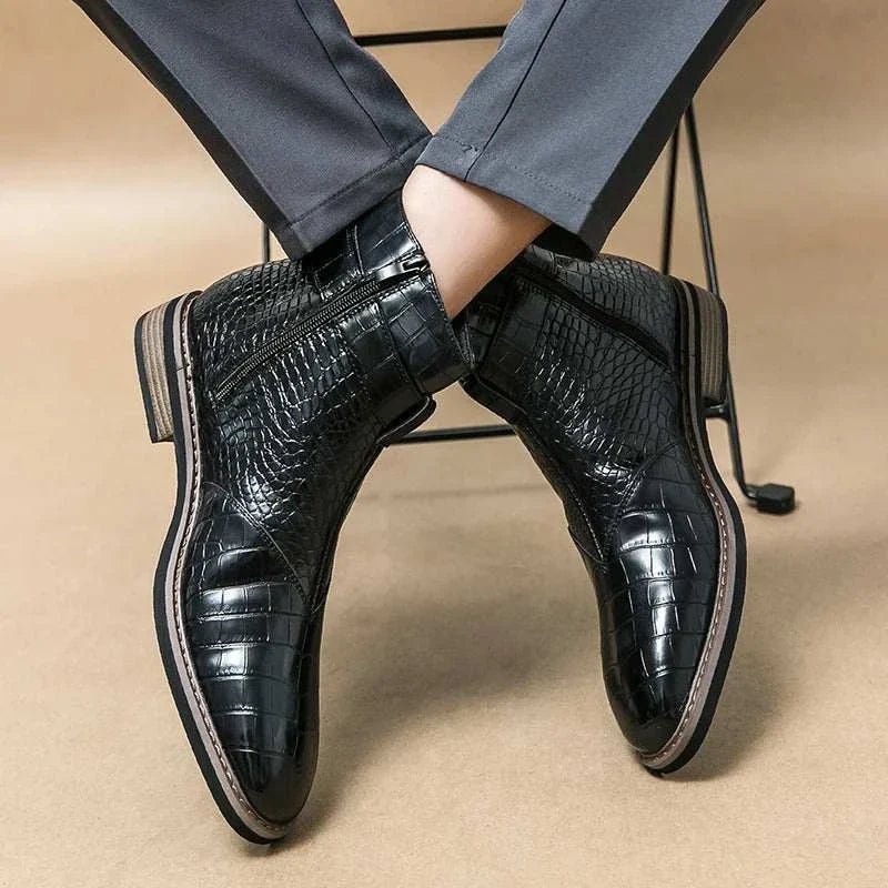 Men's Crocodile Pattern Leather Ankle Boots Brown Buckle Strap — Image 15
